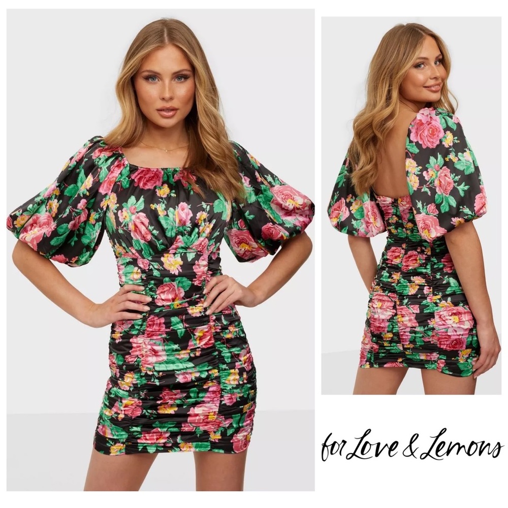 New! FOR LOVE & LEMONS “Jolie” Floral Ruched Mini Dress